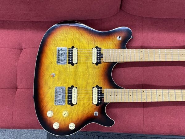 OLP by Ernie Ball Music Man MM612 Double Neck 6/12 String Electric Guitar - Sunburst - Image 3