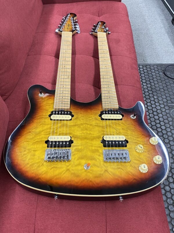OLP by Ernie Ball Music Man MM612 Double Neck 6/12 String Electric Guitar - Sunburst - Image 4